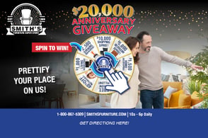 Email promoting a $20,000 anniversary giveaway. The image features bold text announcing the giveaway and a chance to win furn