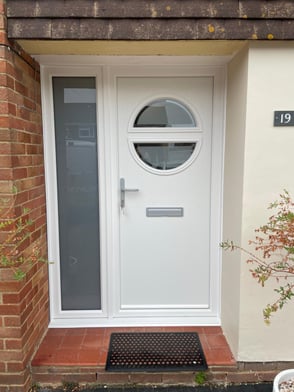 secure front door white Frame and side panel with modern glass