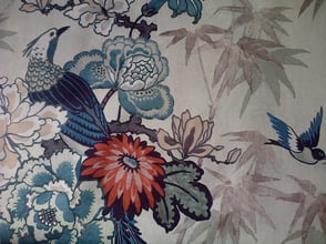 White velvet fabric featuring tropical birds, blue birds and flowers