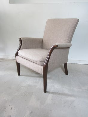 Modern Parker Knoll armchair, with new cushion and upholstery. Neutral herringbone wool fabric is by Moon & Son