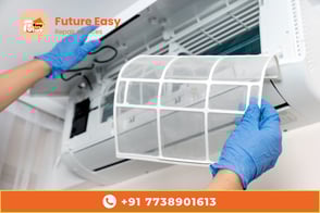 Technician cleaning an air conditioner filter, showcasing reliable AC repair services by Future Easy
