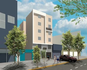 Fachada ilustrativa del desarrollo La Viga en CDMX, con diseño moderno, árboles al frente y personas