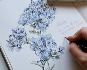 Workshop artistico all'aperto con persona che dipinge e scrive il significato del fiore