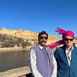 Our Rajasthan expert Guide Tony with his guest (to the right) at the Amber Fort of Jaipur