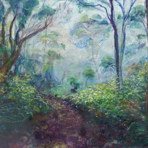 A painting shows a winding pathway covered in leaves set amongst tall wispy trees on a foggy day
