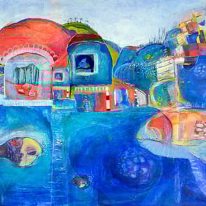 This painting has a magical quality showing make believe houses and a fish underwater. It has many elements