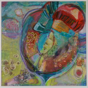 This very abstract painting looks like a seed pod with orange and blue colours