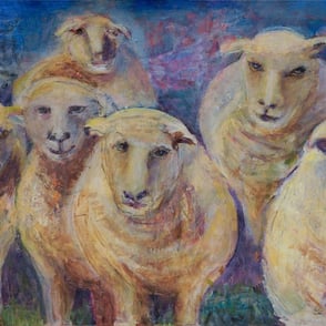 This is a painting of six sheep that have human-like eyes. They are haunting and follow you around the room