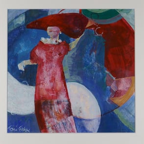 An abstract painting of a lady in a red hat and red dress stands in front of blue red white and green backdrop