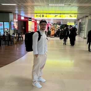 William, founder of Notionbase, ready for departure at the airport