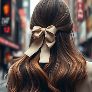 medium length caramel highlight hair with hairbow