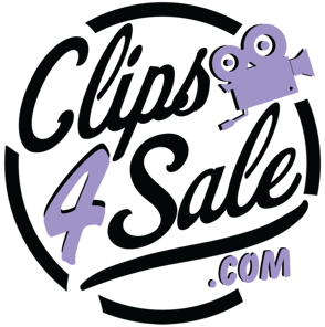 circular logo with Clips4sale.com written in in purple and black with a purple video camera