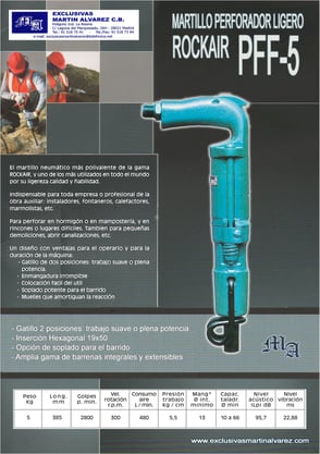 Martillo perforador neumático ROCKAIR PFF5. Ingersoll rand. Atlas copco. Topac. Toku