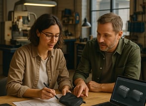 a man and woman sitting at a table with a laptop