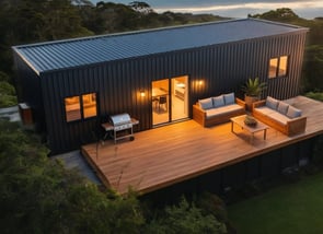 Exterior of Tiny home at dusk