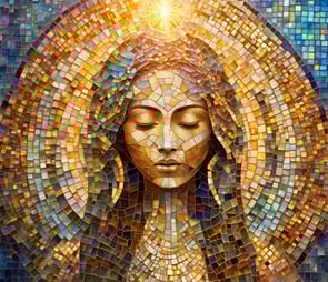 Mosaic Lady Chanelling spirit. Shades of Gold and blue