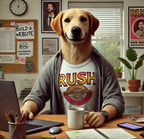 photorealistic image of a golden retriever small business owner sitting at a computer and desk