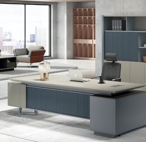 Contemporary executive office from the Mush Series featuring a modern L-shaped desk with soft grey a
