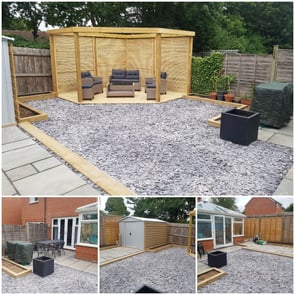 garden after transformation, trellises, sandstone paving, slate, sleepers