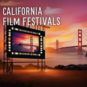 Text: California Film Festivals, Image of Drive-In movie screen with backdrop of golden gate bridge
