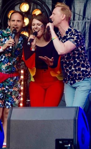 Alex Duffy, Ellie Brennan and Owain Wyn Evans hosting Pride in Hull