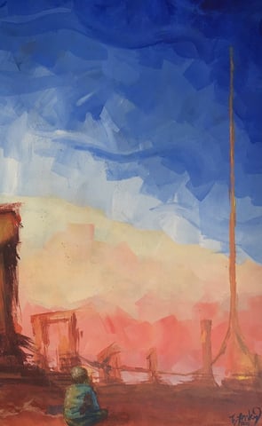 acrylic fantasy art painting of a young boy in a desolate Arizona landscape in terracotta.