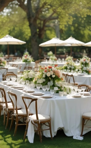 A beautifully arranged outdoor event featuring long tables adorned with floral centerpieces. The tables, covered in white tablecloths, are lined with wooden chairs. In the background, groups of people gather under large white umbrellas in a sunlit setting surrounded by trees.