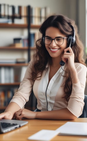 A woman sitting in a home office setting looking at a laptop while talking on the phone