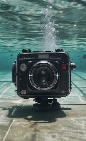 A photograph featuring an artistic play of light leaks over a surface of water, presumably a pool. The light leaks vary in colors, notably yellow, orange, and blue. The water surface shows reflection and light flares, adding a dreamy and surreal effect to the image. The tiles around the edge of the pool are partially visible, indicating location context.