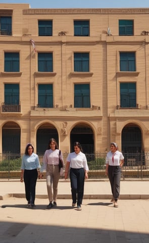 A rural school courtyard with a few buildings surrounded by tall pine trees and distant mountains under a clear blue sky. The main building has a beige facade with a green roof, accessed by a narrow staircase with black railings. A signboard in front is written in Hindi.