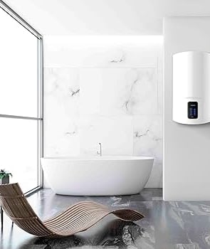 a modern bathroom with a large window and a chair