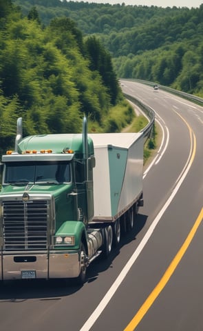 A large truck with branding on its trailer is traveling on a multi-lane highway surrounded by several cars. The highway is bordered by lush green trees and a clear blue sky is visible above.