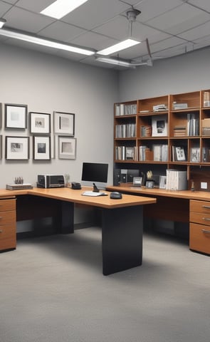 a desk with a computer monitor and shelves