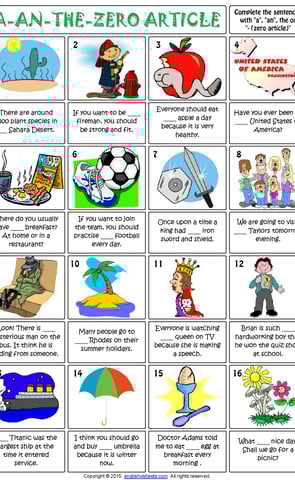 articles gapfilling esl grammar exercise worksheet for kids