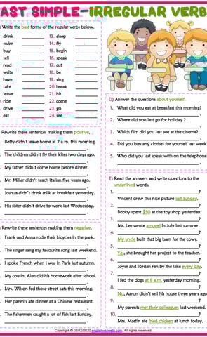 past simple tense irregular verbs esl printable grammar test worksheet