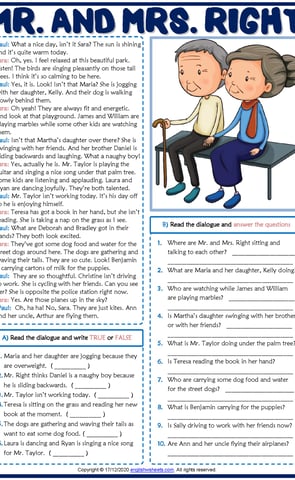 present continuous tense mr and mrs right esl dialogue comprehension exercis