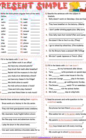 present simple tense esl printable grammar test worksheet