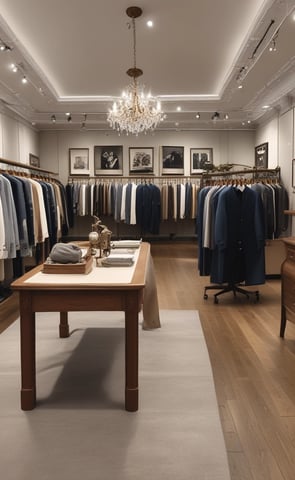 A tailor shop window display featuring a plaid suit on a mannequin, with elegant gold lettering that reads 'Kings Inch Tailor Est. 1943.' Inside the shop, there are neatly organized racks of shirts, jackets, and shoes. The interior has a vintage style with dark wooden shelves and green walls. A framed photograph of a man holding a child's hand adds a personal touch.