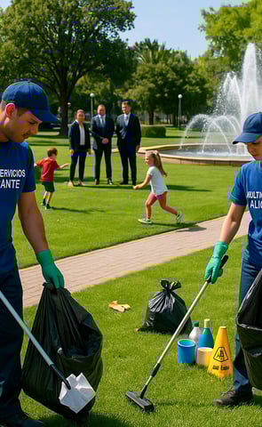 Dos trabajadores uniformados de azul limpiando un parque