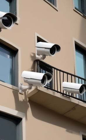 A red brick building facade featuring a distinctive white cornice at the top. A surveillance camera is mounted above a large wooden door, which is flanked by a vintage-style exterior light fixture. An ornate railing runs horizontally across the lower part of the image.