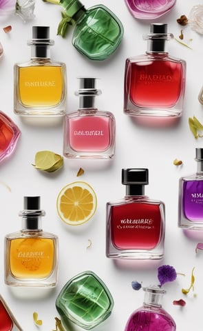 Two elegant perfume bottles are displayed on a soft, textured fabric surface. One bottle, labeled Prada, is tilted and has a light pink hue, while the other, labeled Chanel No 5, is upright with a golden yellow liquid inside. The scene exudes luxury and sophistication.