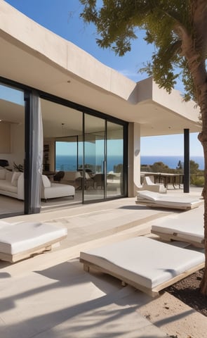 A luxury white villa with large windows and a green roof is situated on a scenic hillside. A man in sunglasses and swimwear is casually seated on a wooden railing, enjoying the warm sun.
