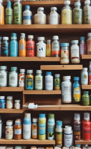 An elegant display in a store features an array of beauty products, including body creams and lotions, set on a wooden table. The product packaging is in shades of pink and peach. A decorative vase with bamboo sticks and rose petals is placed among the products. Advertisements for a new limited edition line are visible, with a poster featuring a woman in a flowing dress. Shelves filled with various skincare products line the walls in the background.