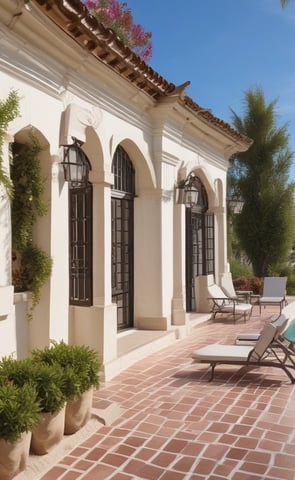 A luxury white villa with large windows and a green roof is situated on a scenic hillside. A man in sunglasses and swimwear is casually seated on a wooden railing, enjoying the warm sun.