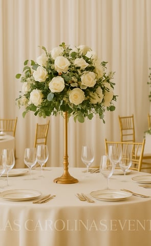 Luxury event planning setup with round tables, white linens, golden Chiavari chairs, and floral centerpieces in an elegant se