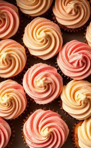 Delicious cupcakes with light yellow and dusty pink frosting swirled in rosettes ordered from Claire