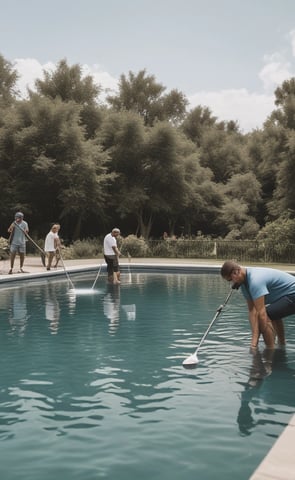 A group of people inside a room engage in cleaning or maintenance activities. One person sweeps the floor with a broom while others stand and observe, smiling or gesturing. The room has wooden structures and a child rests on a bed nearby.