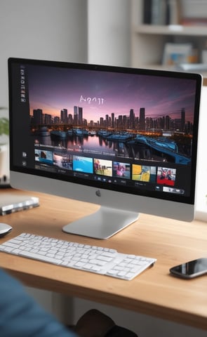 A laptop displays a web browser on the eBay homepage, showing a prominent green advertisement offering up to 70% off on Apple tech with a two-year warranty. The ad features images of a smartwatch and a smartphone. The surrounding environment includes a wooden table and blurred indoor plants in the background.