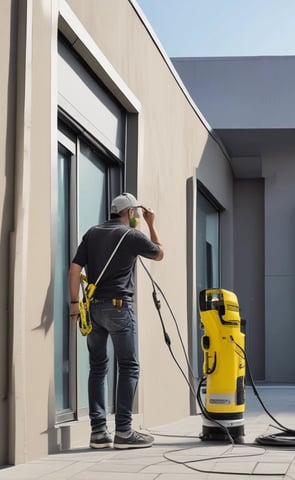A robotic outdoor sweeper is positioned on a wooden deck surrounded by lush green trees. The machine is labeled with #ROBOCLEANING and appears to be designed for outdoor maintenance.
