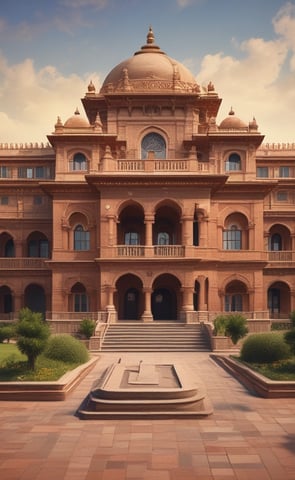 A grand red sandstone fort with large arched entrances and intricate architectural details. The fort has domed towers and balconies, with a partial view of a cloudy sky in the background.